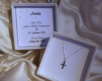 first holy communion, christening, confirmation personalised gift tiny cross pendant 225 sterling silver choice of chain length boy girl