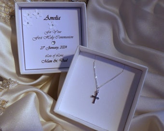 first holy communion  christening  confirmation personalised gift small simple sterling silver cross boxed choice of chain length boy girl