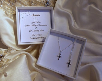 first holy communion  christening  confirmation personalised gift small simple sterling silver cross boxed choice of chain length boy girl