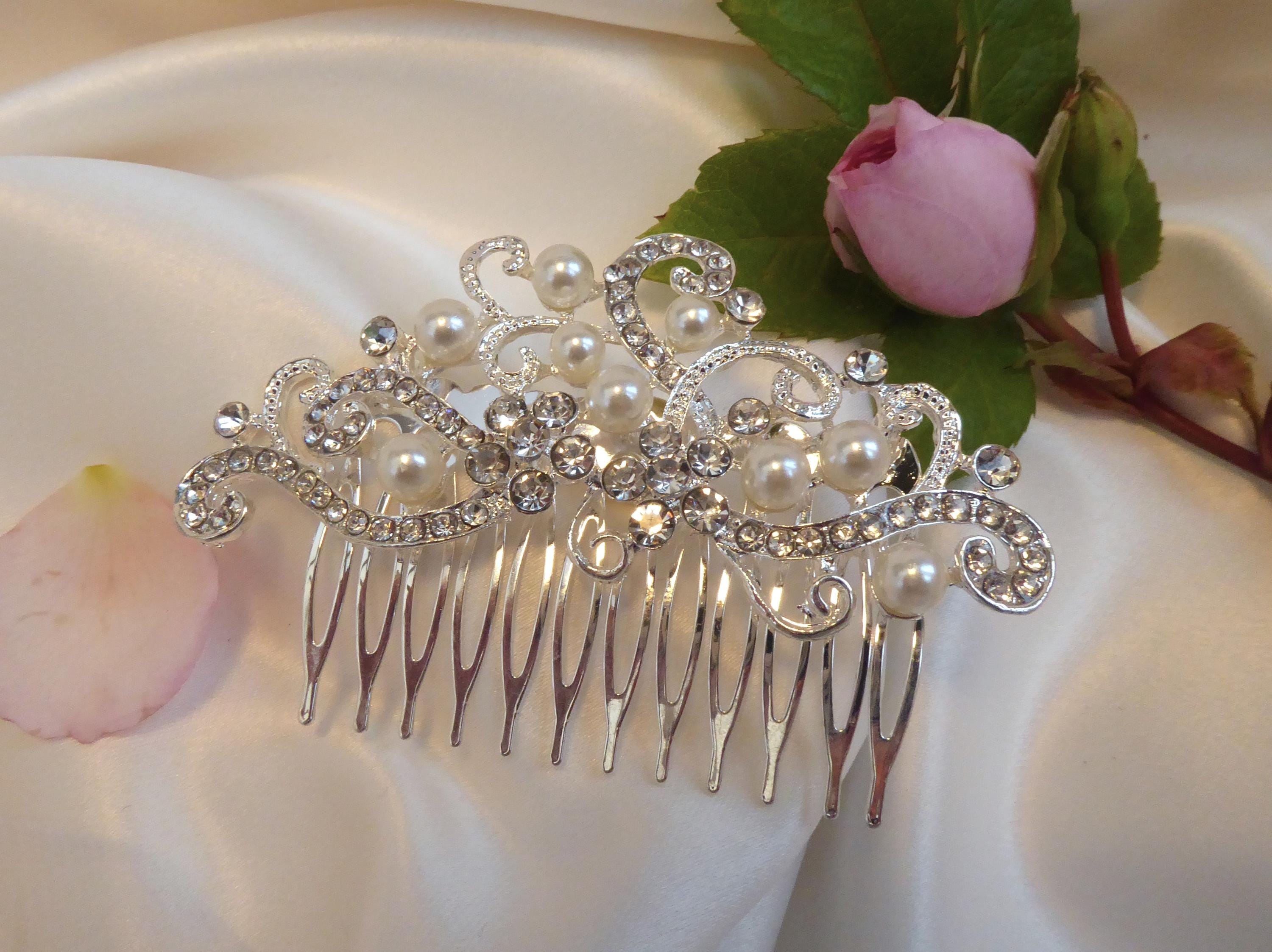 Crystal & Pearl Silver Hair‎ Comb - Bridal Hair Accessory Wedding Hair Comb MELODY Crystal Side Comb | EDEN LUXE Bridal main image 2