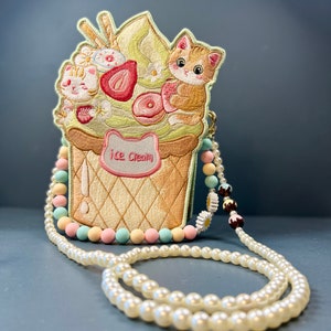 Crossbody or handheld ice cream kitty bag, self designed embroidered faux leather bag, holiday or birthday gift for her
