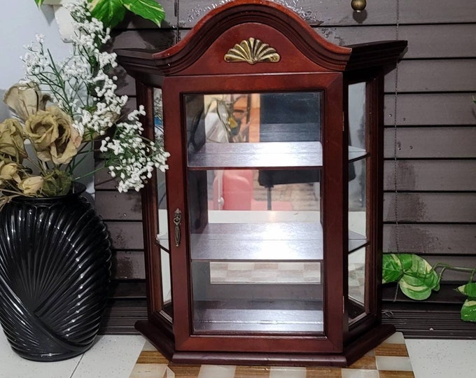 Vintage Cherry Wood Glass Curio Miniatures, Trinket Display