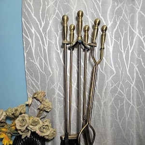 Brass Fire place Tools, Set (6pcs), Fireplace Tools with Stand, Burning, Fireplace Accessories,  Shovel, Broom, Poker,