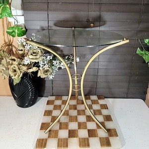 Mini, Brass&Glass, Hollywood Regency, Accent, Side, End Table, Plant Stand, Home Decor, Brass Table, Round Top,