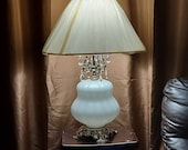 Opalescent Blown Glass Lamp, Teardrop Crystals, Bulbous, Table Lamp, Vintage, Hollywood, Regency, Home Decor, Lighting,