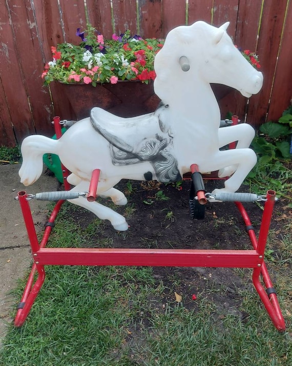 Large Vintage Rocking Horse, Plastic Blow Mold Horse, Metal Frame