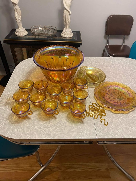 Karneval Glas, Bowle-Set, Marigold Bowle, Servier-Set, (15 Stück), Vintage, Essen & Servieren,