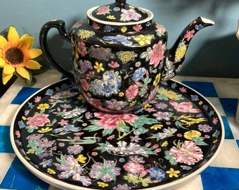 Famille Noir, Black Floral Tea Set, (6pcs), Mun Shou, Porcelain