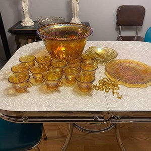 Carnival Glass, Punch Set, Marigold Punch Bowl, Serving Set, (15pcs), Vintage,  Dining&Serving,