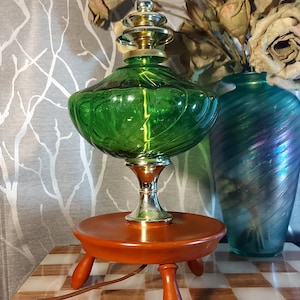 Antique Emerald Glass and Wood  Table Lamp, Foot Lamp, Green Glass, Hollywood Regency, Vintage Table Lamp, Home Decor, MCM