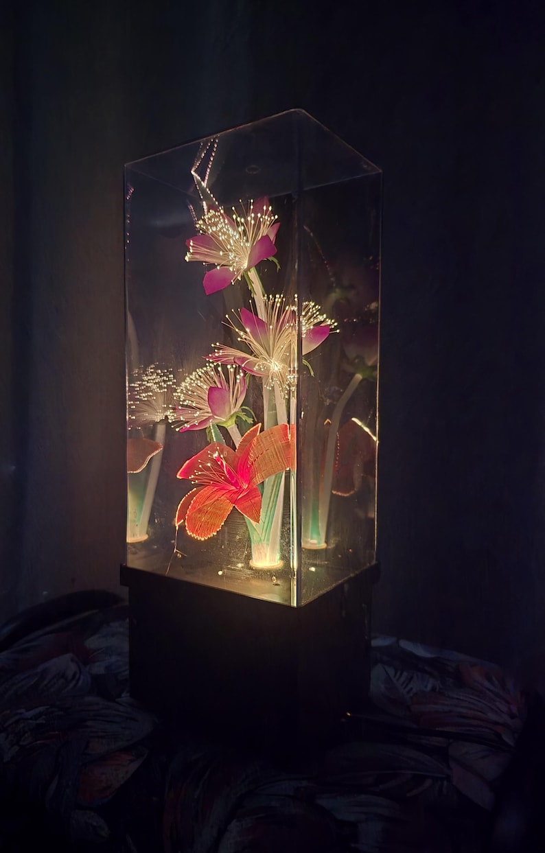 May include: A decorative lamp with artificial flowers inside a clear, rectangular acrylic box. The flowers are pink and red, with fiber optic lights. The base is black.