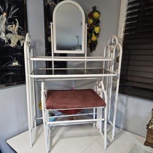 Metal Vanity with Chair Set, Vanity Table, Porcelain, Vintage Vanity, Mirror, Furniture, Makeup, Bedroom Vanity, White Vanity, Makeup