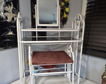 Conjunto de penteadeira de metal com cadeira, mesa de penteadeira, porcelana, penteadeira vintage, espelho, móveis, maquiagem, penteadeira para quarto, penteadeira branca, maquiagem