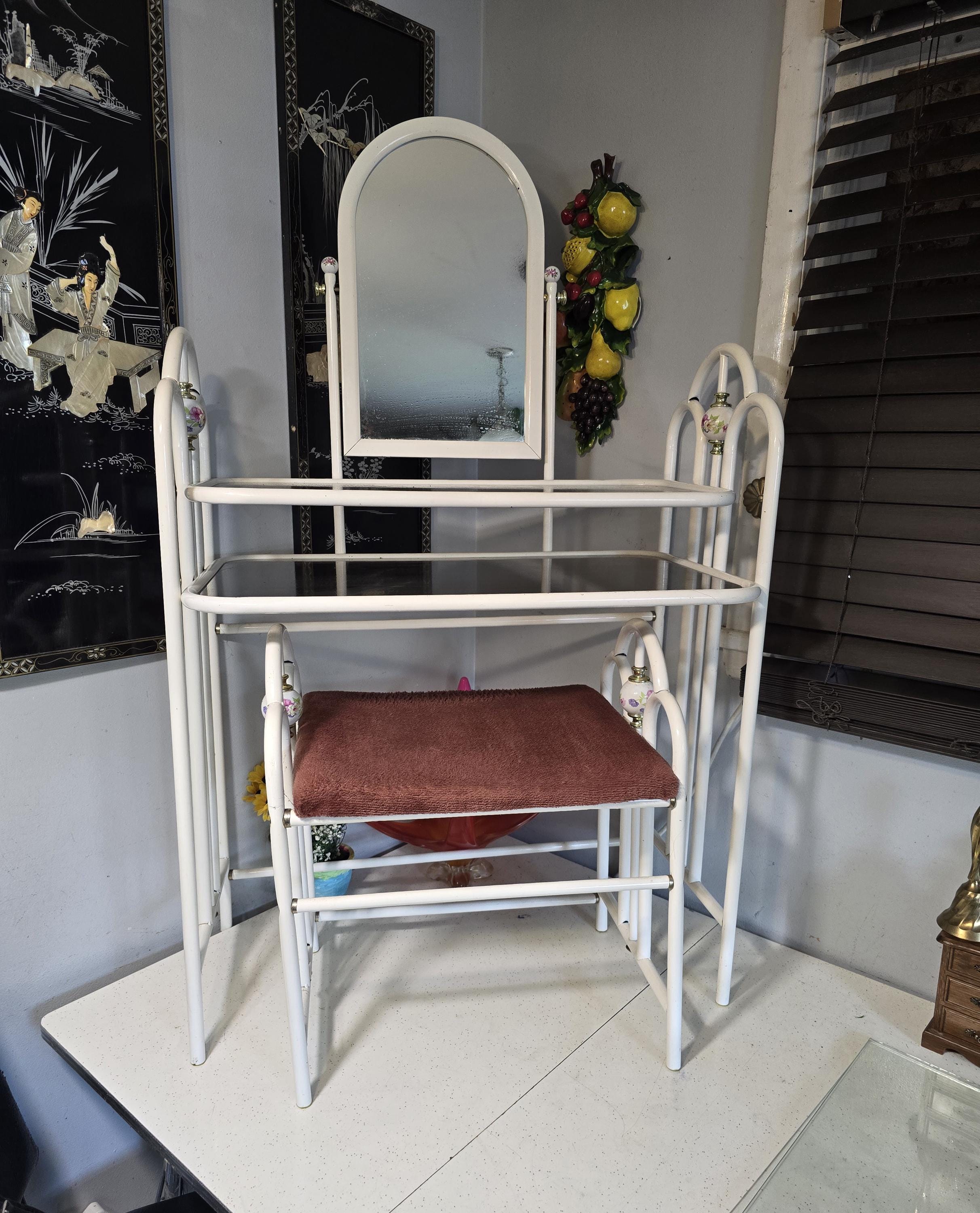 Metal Vanity With Chair Set Vanity Table Porcelain Vintage Vanity Mirror Furniture Makeup Bedroom Vanity White Vanity Makeup Etsy