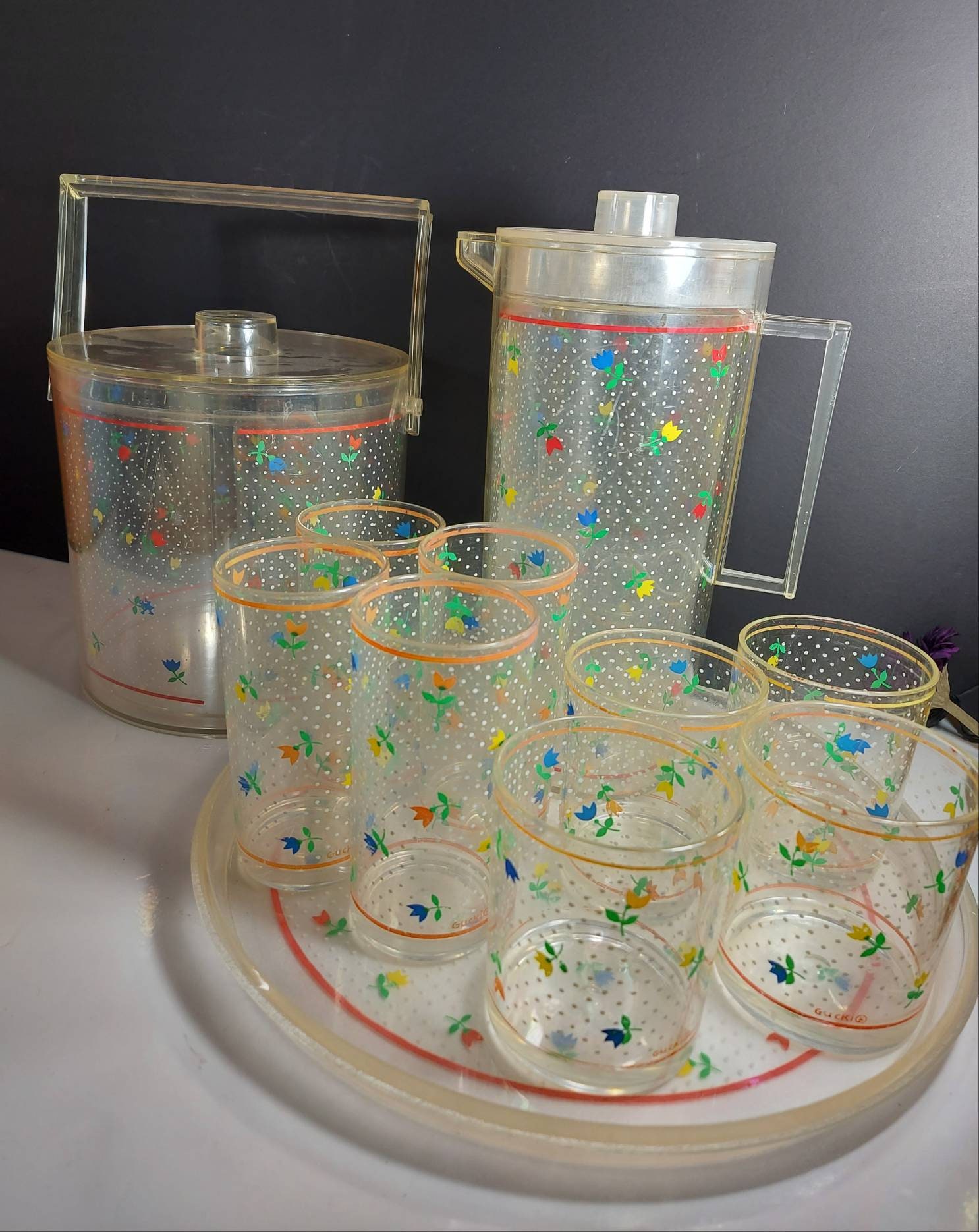 Gucki, Beverage set, Vintage Acrylic Drinkware, Tumbers, Plastic, Kitchenware, Summer, Poolside, Retro, Tulips, Ice Bucket, Juice