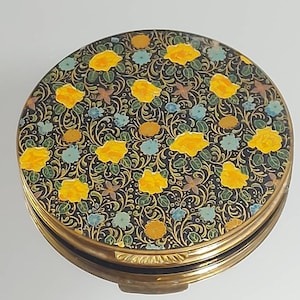 Antique Make up Compact, Original Powder and Puff, Gold Casing, Black and Floral Cover,