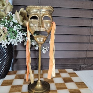 Solid Brass, Theater Mask, Vintage, Tragedy, Self Standing, Decor, Statue, Figurine, Collectible Brass,