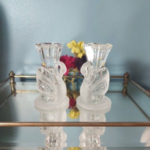Matching Pair of PartyLite Swan Candlestick Holders, Clear Crystal and Frosted Glass, Single Light Candle Holder Set