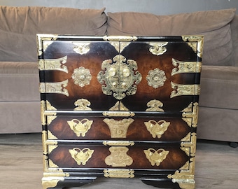 Vintage Korean Mahogany Burl Tansu, Lacquered, Cabinet/End Table End Table, Vintage Table, Oriental, Brass Accents, Furniture,