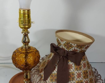 Amber Glass Lamp, With Shade, Vintage, Wood Base, Cut Glass