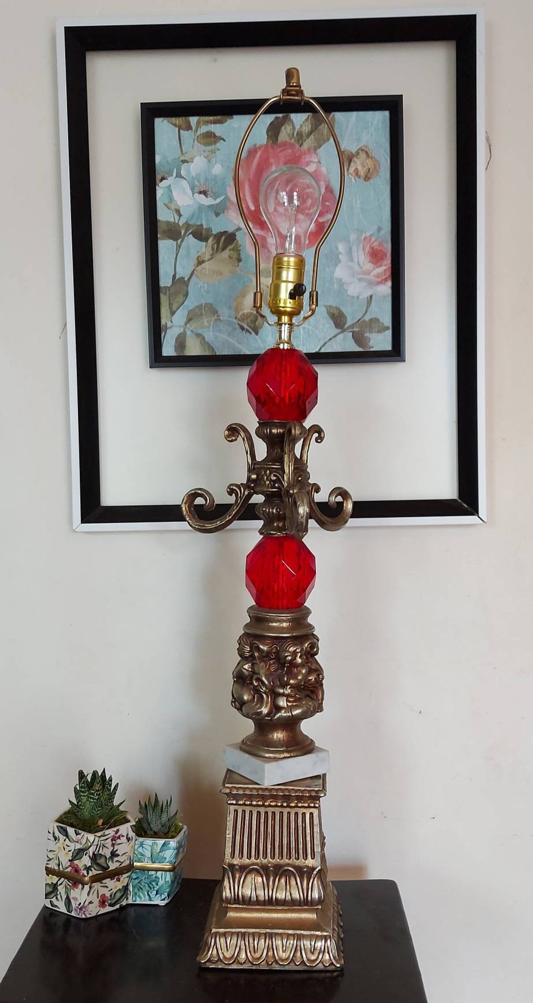 Antique Brass Cherub Lamp, Vintage Ruby Red Glass, Marble Glass