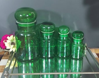 Apothecary Jar Set, (4pcs), Belgium Glass, Emerald Green Glass, Bubble  Lids, Vintage Pharmacy Jars, Glass Lidded Jars,