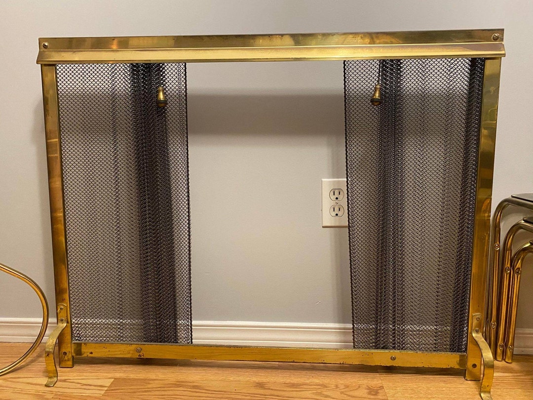 Solid Brass Fireplace Screen Vintage Iron Mesh Curtain Etsy