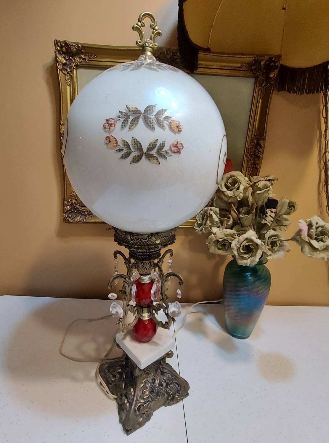 Antique Globe Table Lamp Red Faceted Crystal Marble Brass Etsy