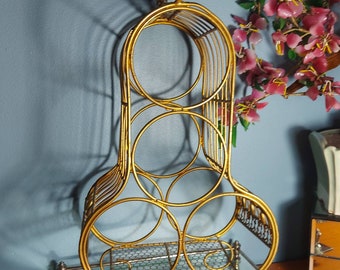 Gold Tone Metal Wine Rack, Vintage Wine Bottle Holder, Drink and Barware, Wine Storage, Kitchen Storage,