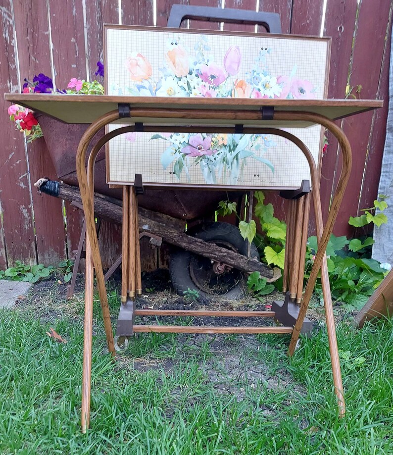 Signed Set of Folding TV Trays With Stand 5pcs Vintage Etsy
