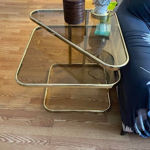 Brass&Glass, End Table, Brass Table, Smoked Glass, 2 Tier, Glass Top, Hollywood, Regency, Vintage Table, Furniture, Home Decor