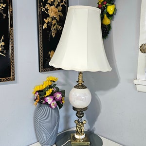Opalescent, Blown Glass, Solid Brass, Cherub, Table Lamp, Vintage, Hollywood, Regency, Home Decor, Lighting, Brass and Glass Lamp,