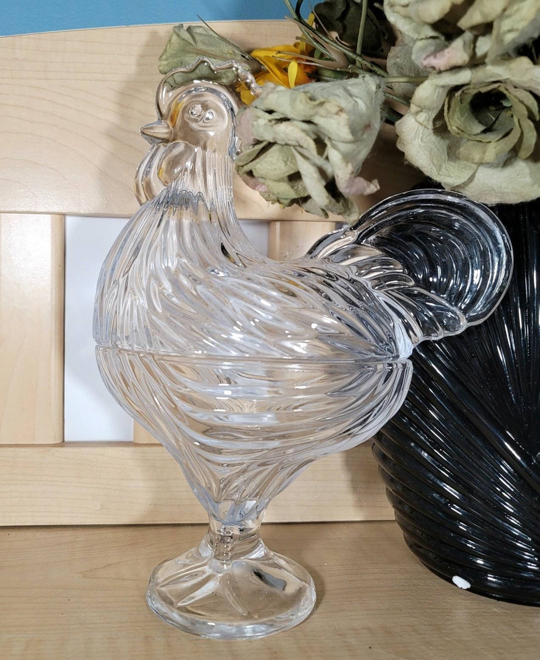Clear Glass, Rooster Candy Dish, Circle Ware,vintage, Glass Collectible, Covered Dish, Standing