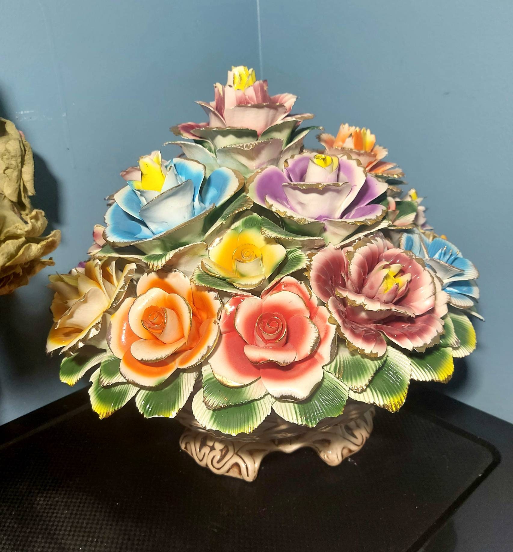 Capodimonte Flower Decor, Signed, Flower Basket, Capodimonte