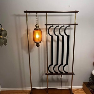 Room Divider with Hanging Lamp, Vintage 70s, Wood and Brass Room Divder, Amber Glass Lamp, Home Decor, Furniture, Lighting, Rare,