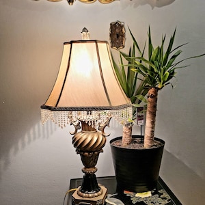 Chalkware Lamp, Mid Century Chalkware Plaster Table Lamp, Beaded Lamp Shade, Handled Lamp, Vintage, Home Decor, Lighting