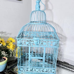 Vintage Bird Cage, Turquoise,  Metal Wire Bird House, Hanging Bird Cage, Plant Hanger, Home Decor, Vintage, Garden Decor,