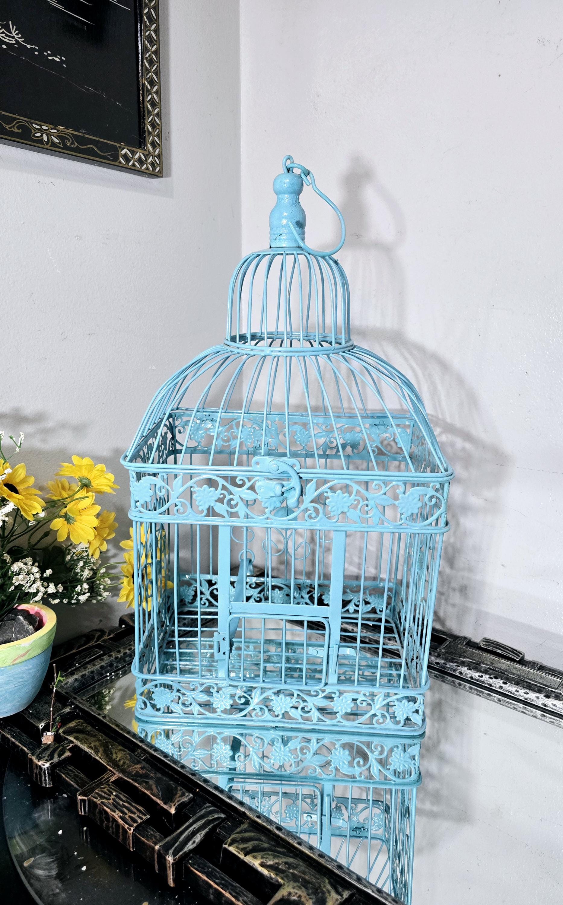 Vintage Bird Cage, Turquoise, Metal Wire Bird House, Hanging Bird