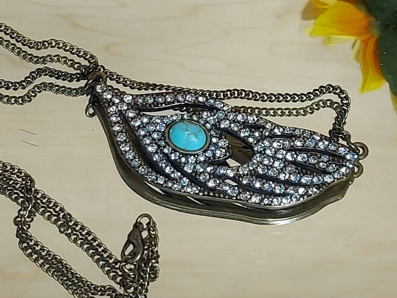 Diamante Pendant, Turquoise Stone, Feather, Silve… - image 1