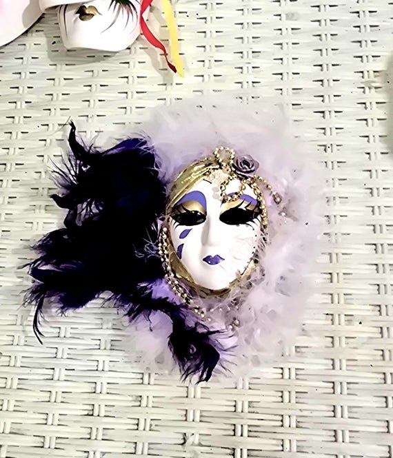 Porcelain Mask, Wall Hanging, Wall Mask, Clown, Vintage, Hand Painted, Wall Decor, Home Decor, Taiwan, Mari Gras, Feathered,