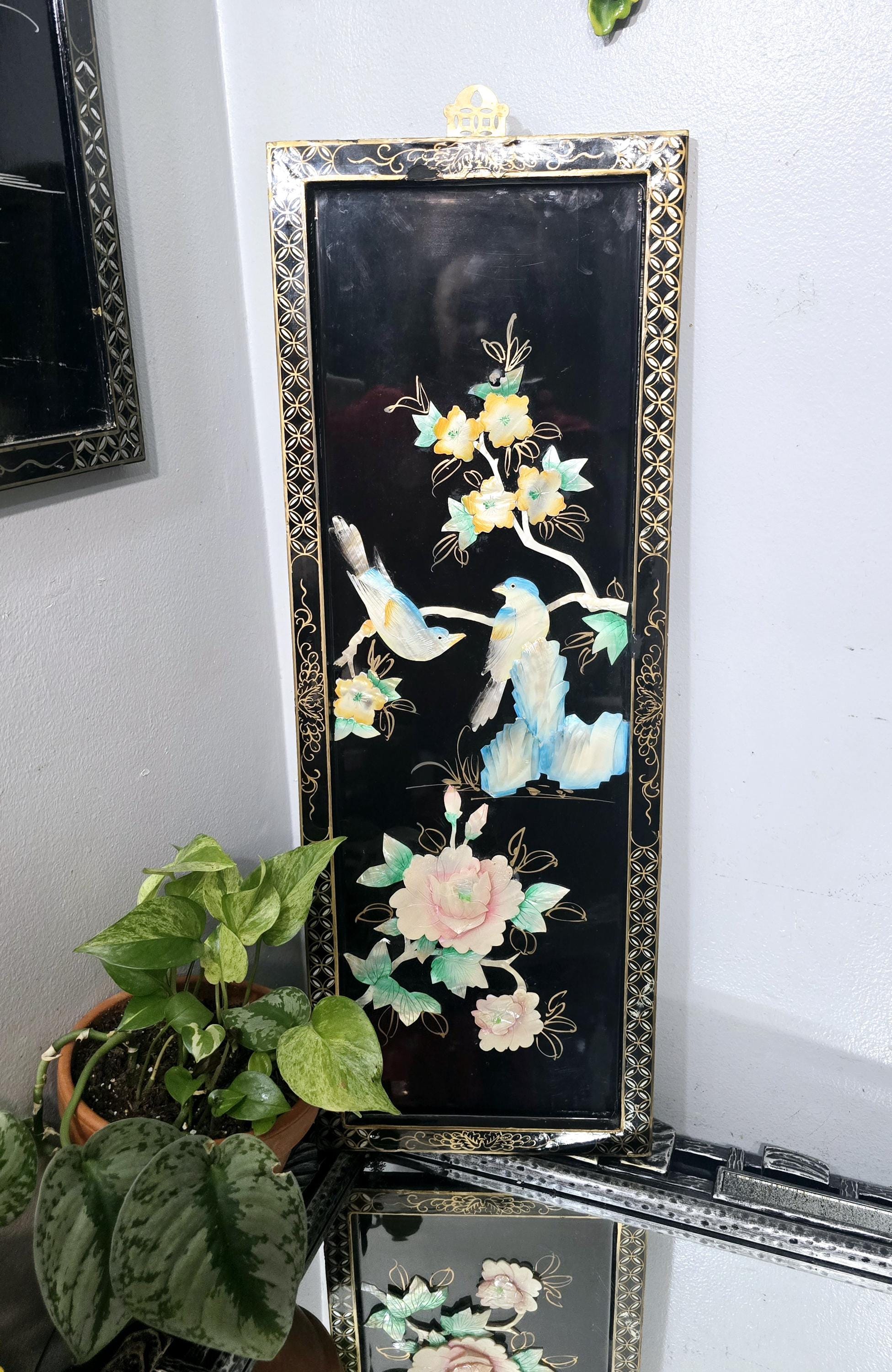 銀細工壁掛け パネル壁掛け、オリエンタルシェルアート、MCM、黒漆、鳥、花、ホーム