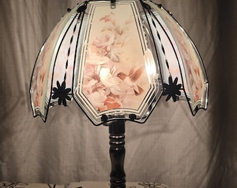 Aanraaklamp, tri-light, messing en glas, kolibrie, bloemenpaneel glas, vintage jaren 80, accentlamp, verlichting, woondecoratie,