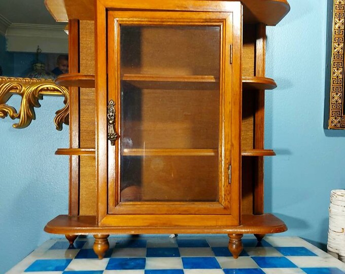 Oak Wood & Glass Curio Miniatures, Vintage Wood Shelf, Trinket
