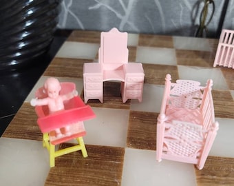 Mini Dollhouse Furniture, (5pcs) Miniature, Plastic, Vintage, Nursery, Doll Furniture, Playpen, Crib, High Chair Baby, ChildhoodMemories