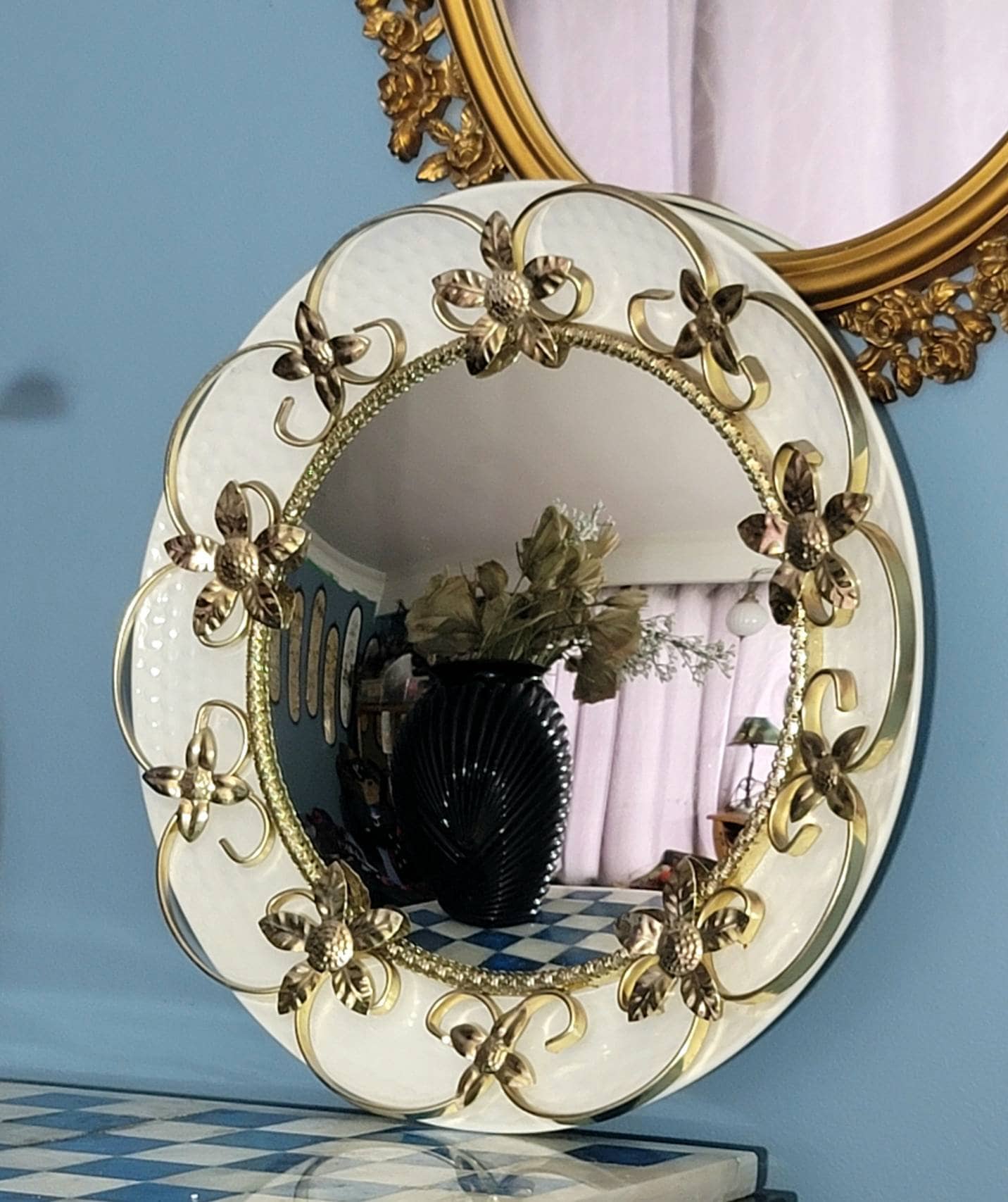 from Sweden＊Vintage mirror・* Convex Mirror, Witch Mirror, Gold Brass Frame, Flower Scroll