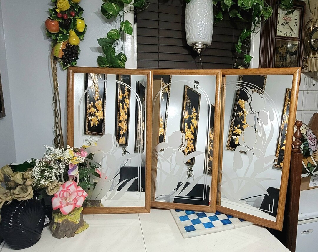 Set of Etched Wall Mirrors 3 Pcs Large Wood Framed Mirror Etsy