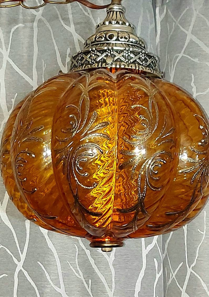 Swag Lamp Vintage 70s Amber Glass Globe Swag Chain Swag Etsy