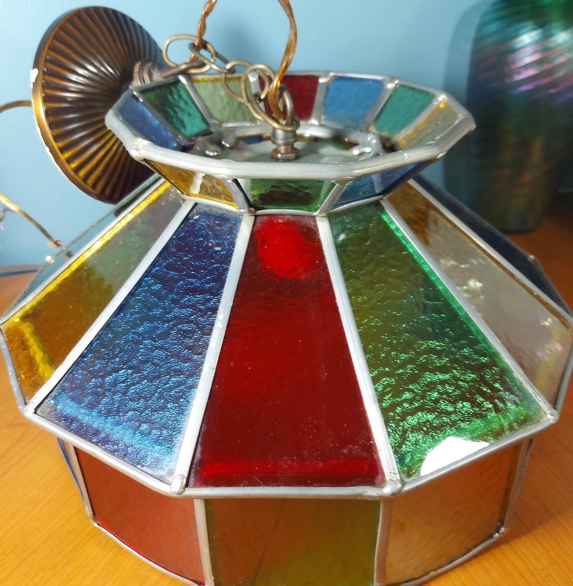 Stained Glass Celing Light Fixture Vintage 70s Stained Etsy