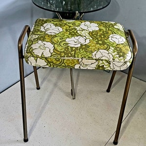 Stacking Stool, Vintage Stool, Retro, Green, Floral Print Stools, Vinyl, Cushion, Kitchen Furniture, Chairs,