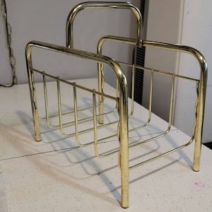 Brass Magazine Rack, Vintage, Hollywood, Regency, Mid-Century Brass, Gold Toned Metal, Newspaper, Book, Magazine Holder, Metal Basket